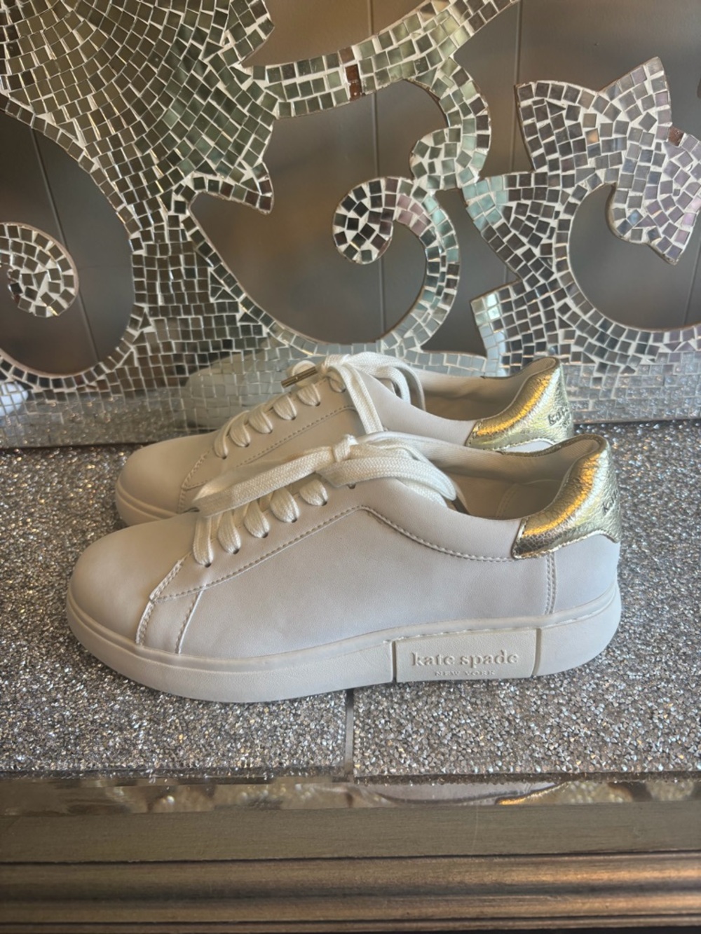 💕kate spade White Leather Sneakers with Gold Heel Tab